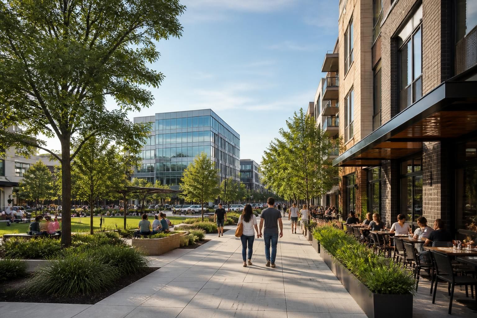 Addison mixed-use district with modern buildings and greenery.