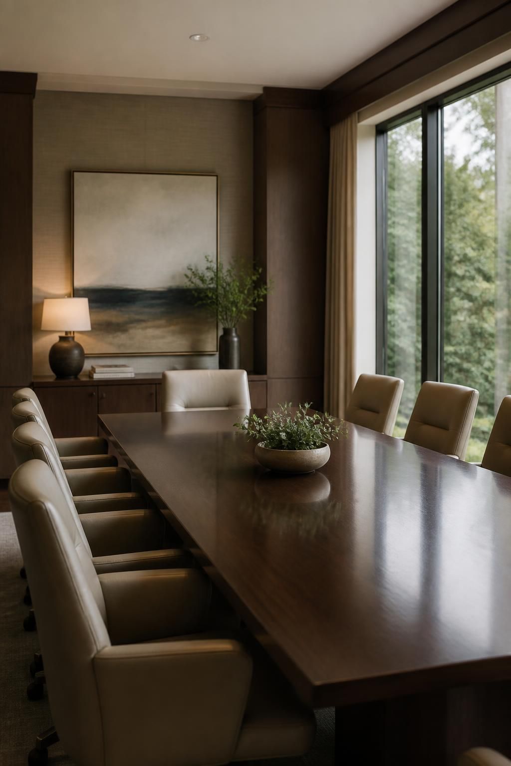 Modern conference room with polished table and comfortable advisory seating.