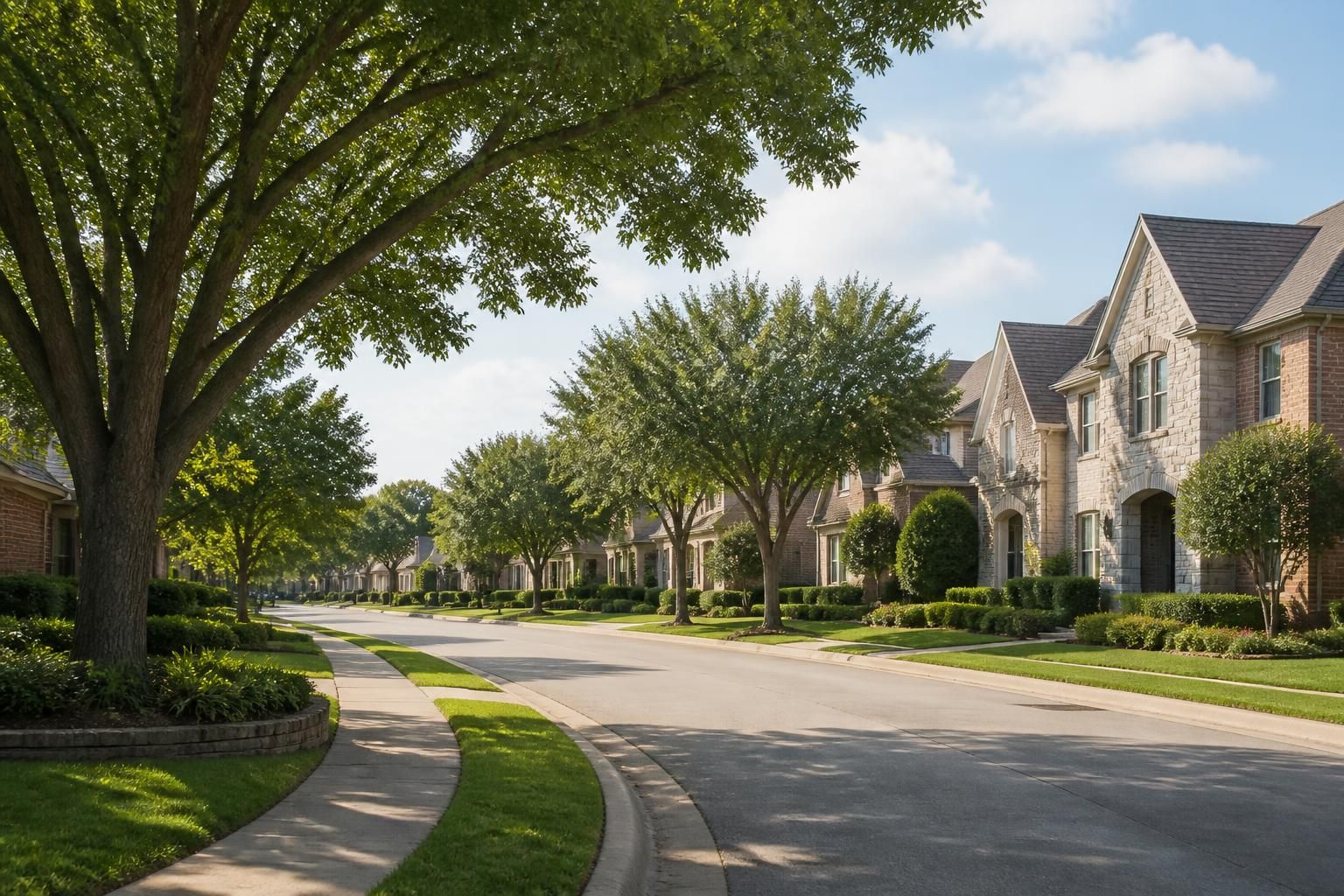 Carrollton suburban street with well-kept homes and mature trees.