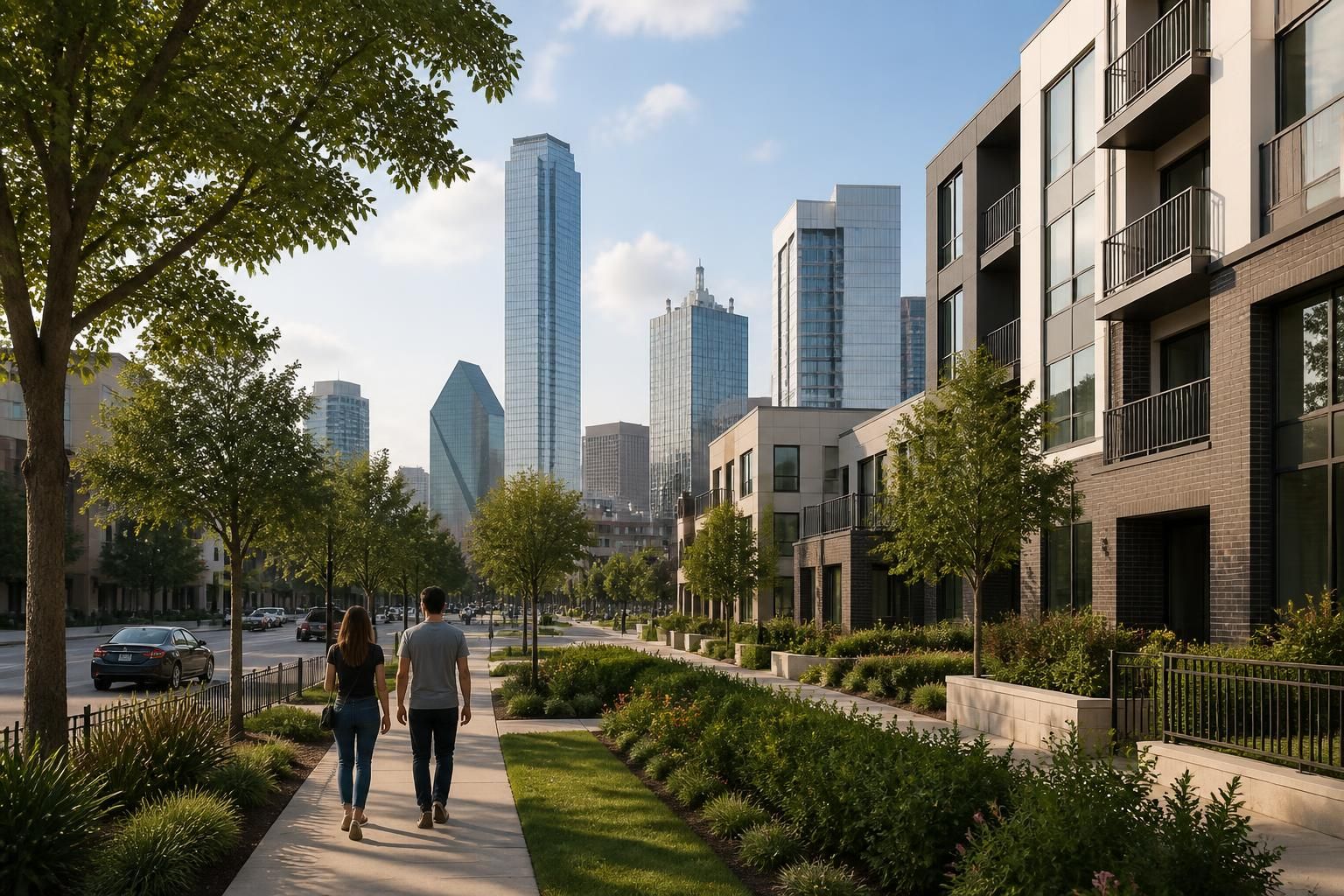 Dallas neighborhood with modern buildings and tree-lined streets.