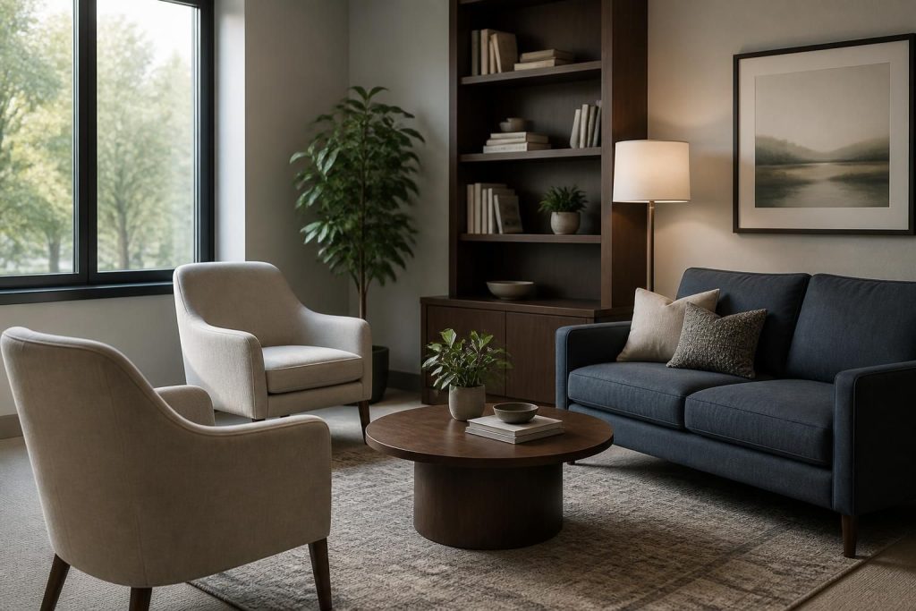 Modern financial planning office with a calm consultation seating area.