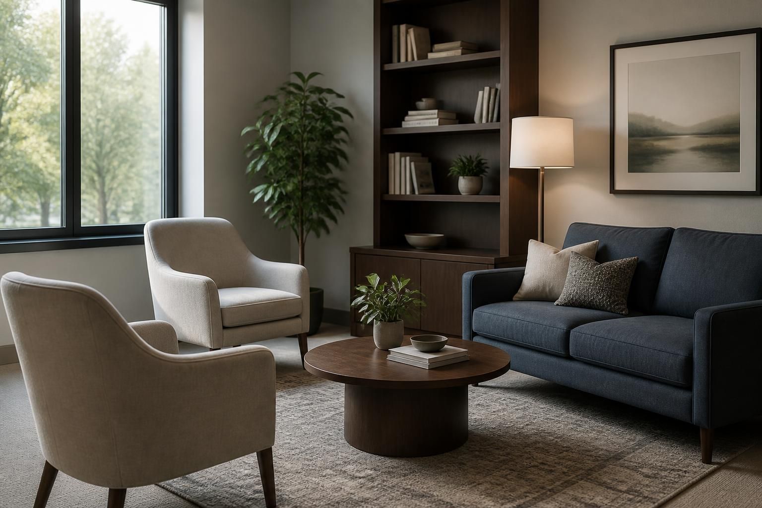 Modern financial planning office with a calm consultation seating area.