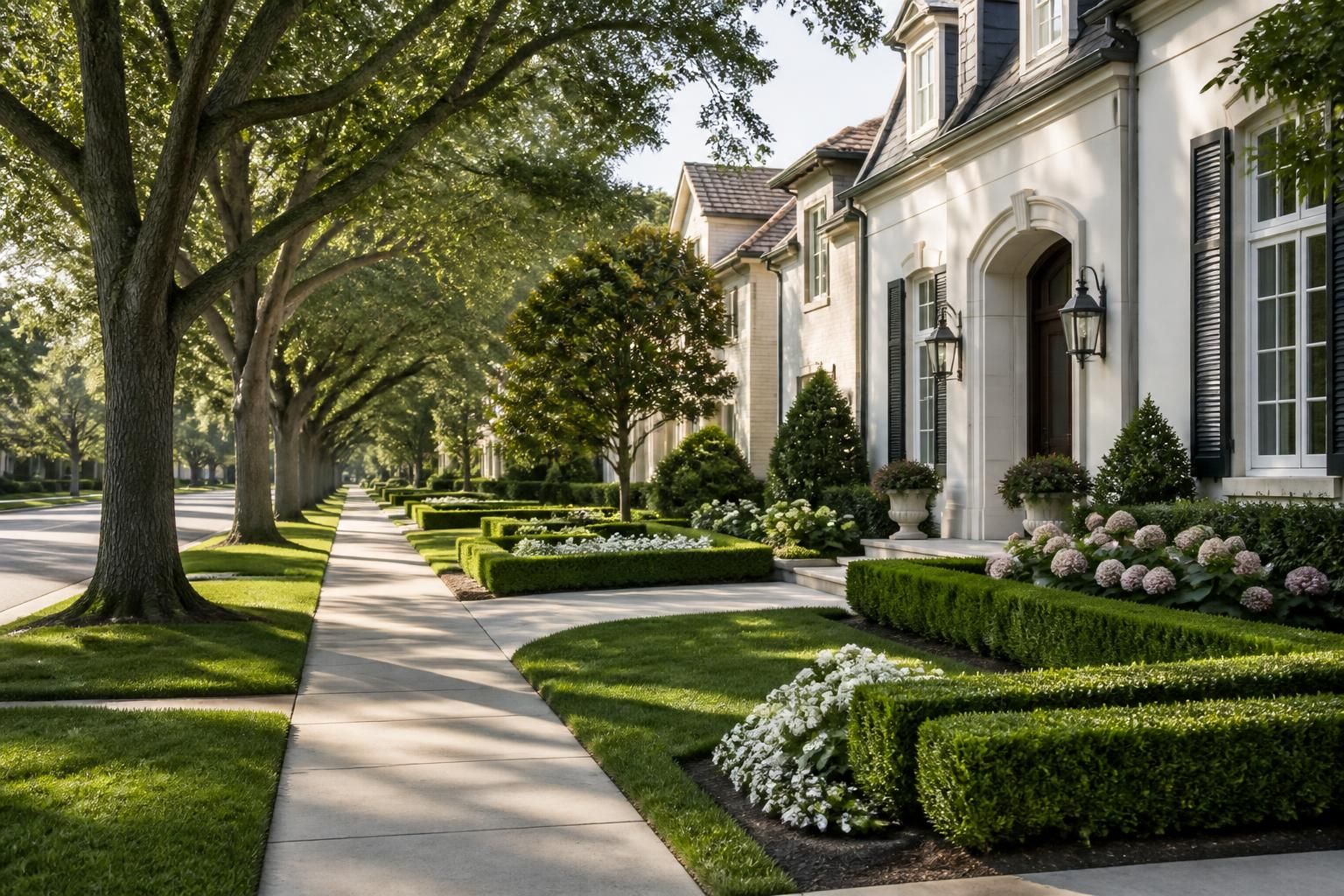 Tree-lined Highland Park boulevard with refined homes and landscaping.