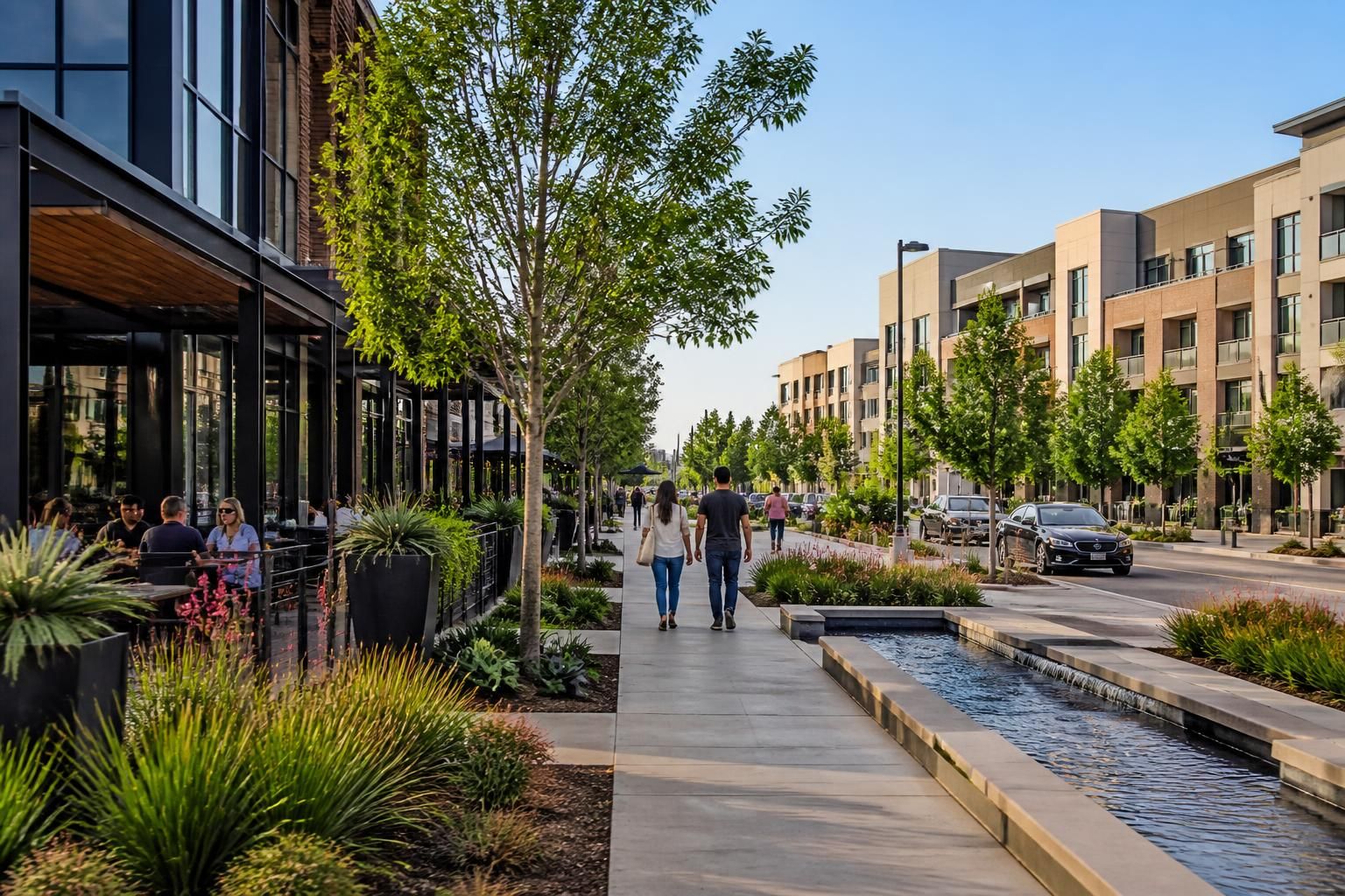 Irving commercial district with modern architecture and landscaped walkways.