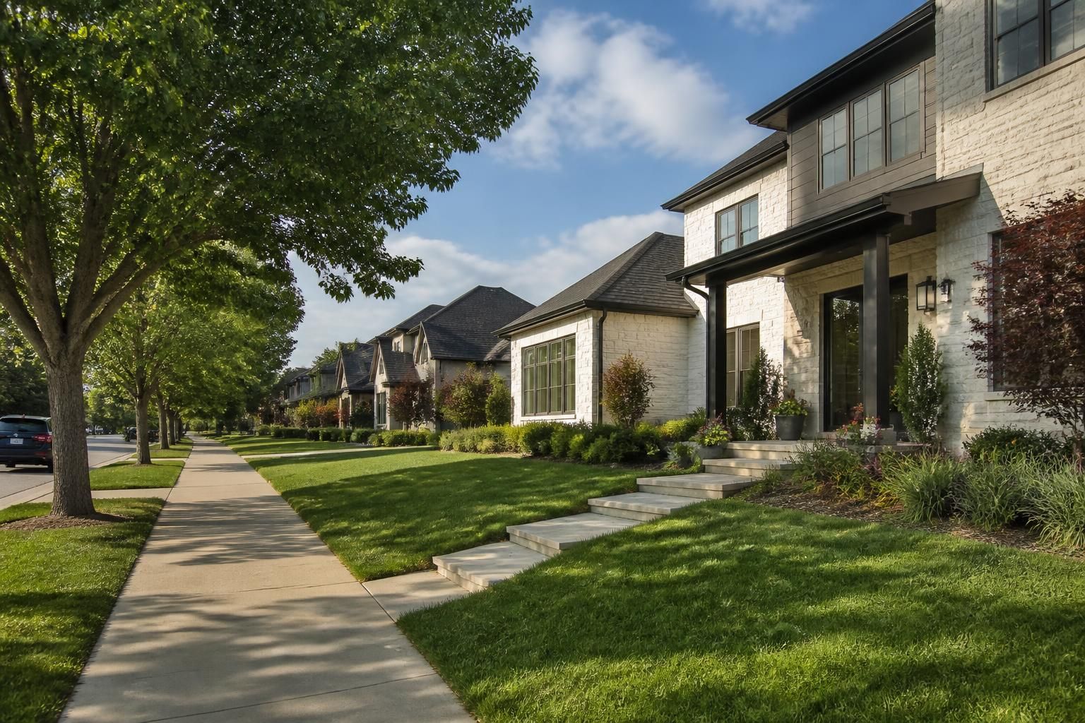 Plano neighborhood with clean sidewalks and contemporary homes.
