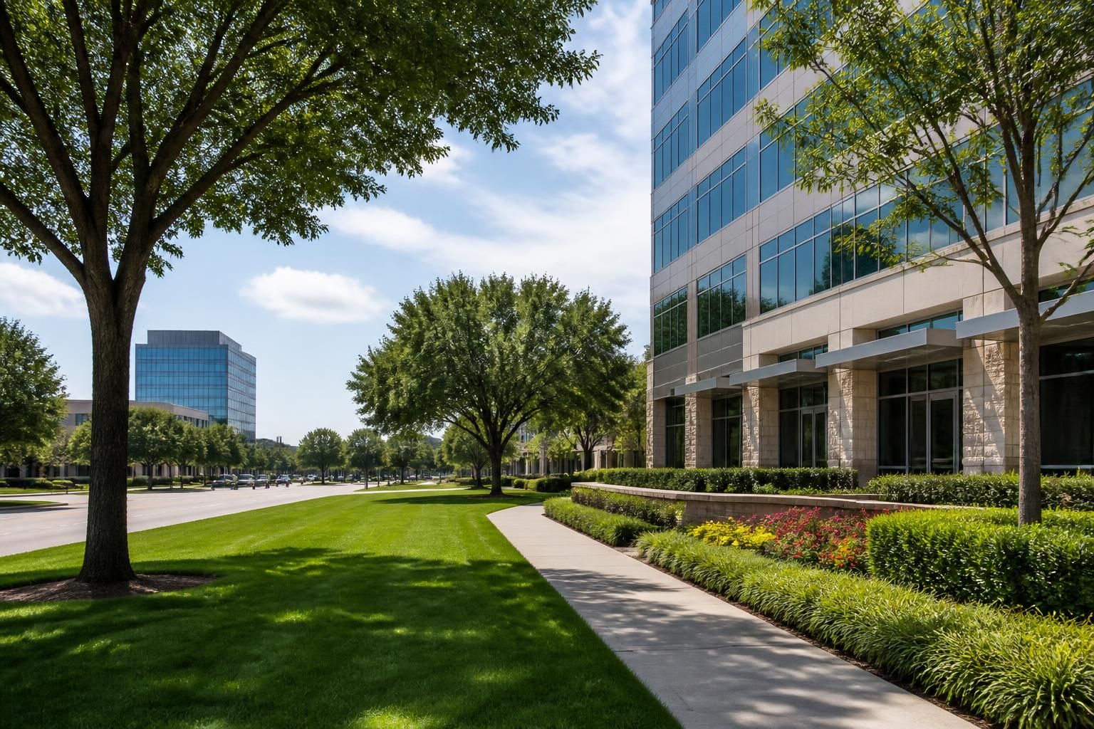 Richardson streetscape with modern offices and well-kept green space.