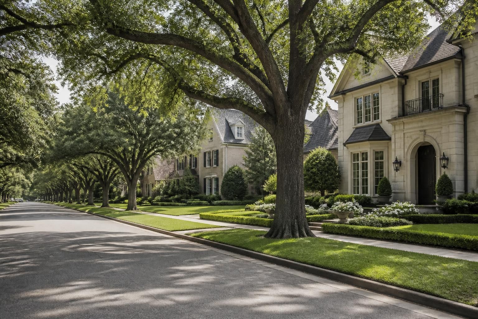 Upscale University Park street with mature trees and elegant homes.